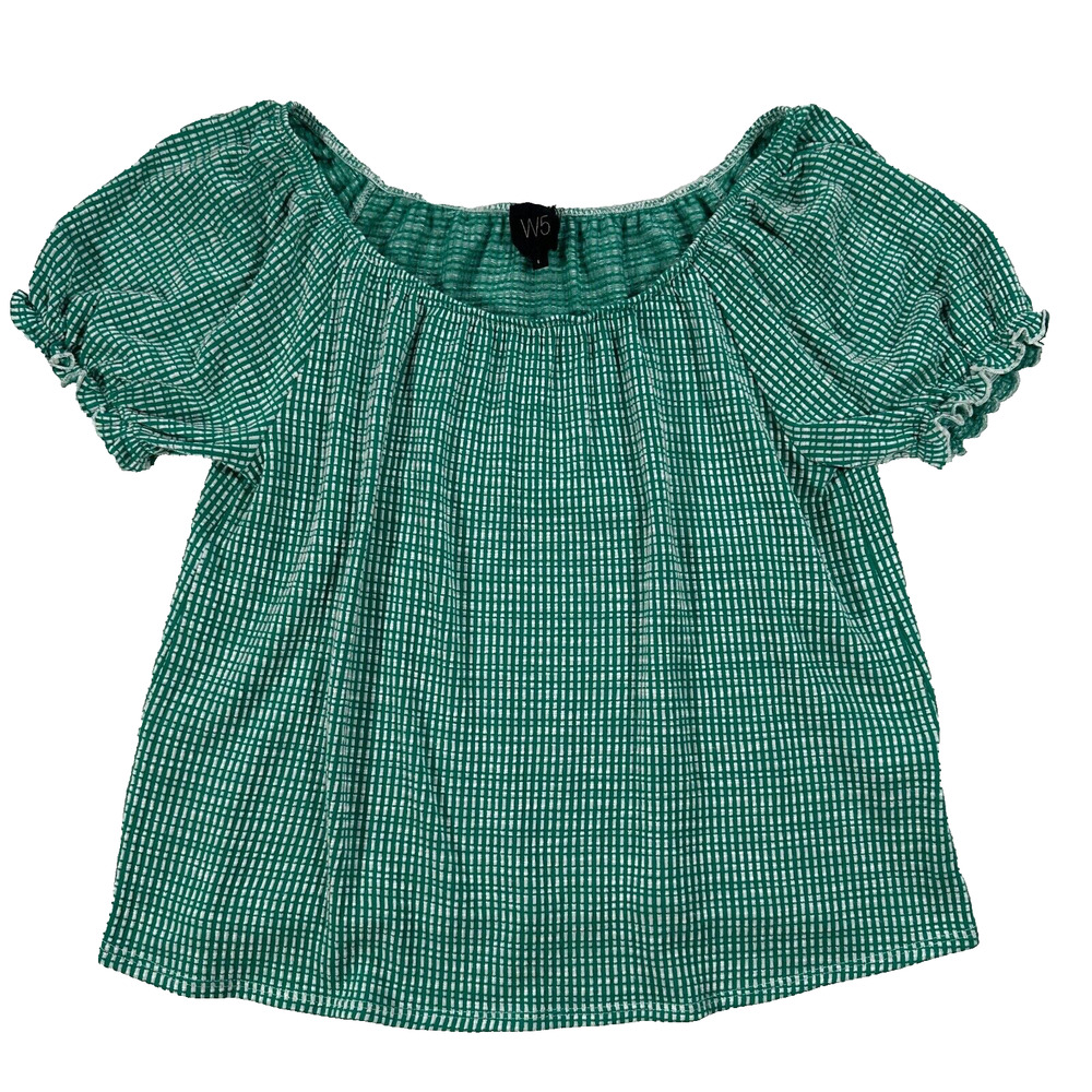 W5 Ribbed Puff Short Sleeve Women's Large Shirt Green/White Boat Neck Top